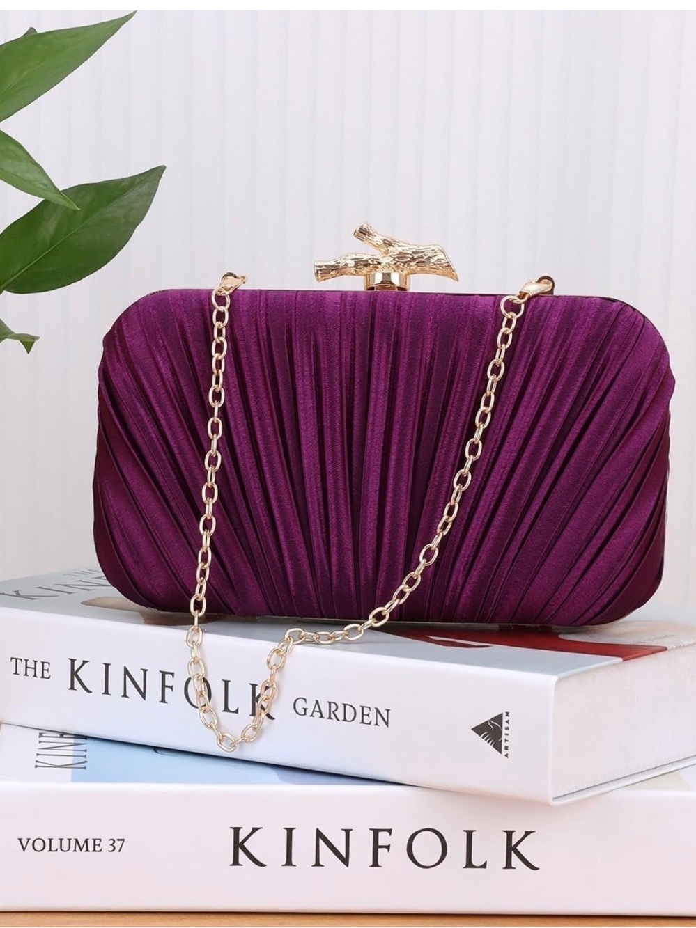 Amazon Purple Satin Pleated Evening Clutch with Gold Chain